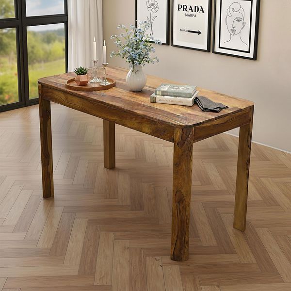FineBuy Esstisch Sheesham Massivholz 120cm für bis zu 6 Personen · Rechteckiger Esszimmertisch im Landhaus Design · Handgefertigter Küchentisch mit abgerundeten Kanten für Esszimmer oder Küche
