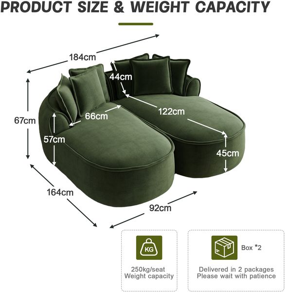 2-Sitzer Modulsofa H 67 x T 252 x B 164 cm aus Chenille in Grün, rahmenlos, mit Schlaffunktion und ca. 122 cm Sitztiefe Bild 5
