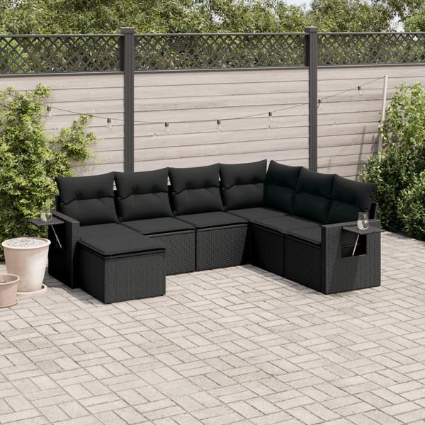 vidaXL 7-tlg. Garten-Sofagarnitur mit Kissen Schwarz Poly Rattan 3220494