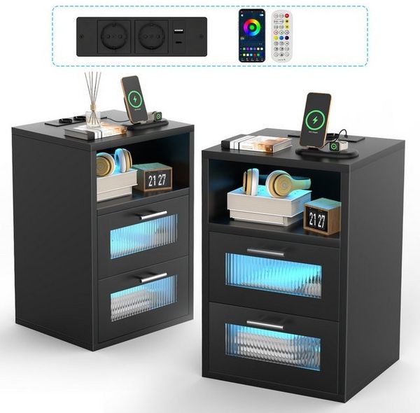 oyajia Nachtkommode Nachttisch mit einstellbarer LED-Beleuchtung, Steckdosen (2 St), Nachtschrank Beistelltisch mit 2 Schubladen und 1 offener Ablage Bild 4