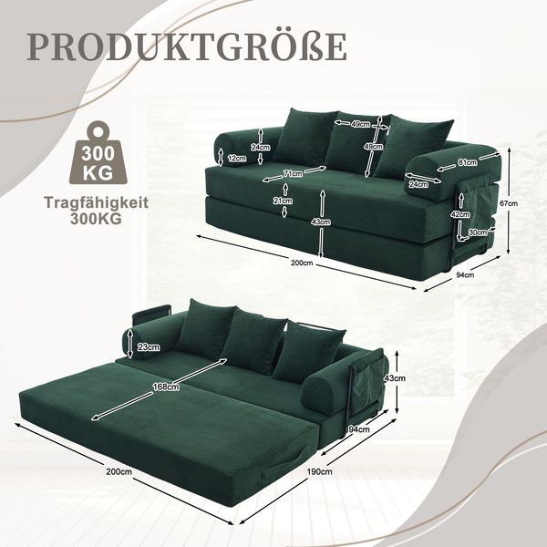 LVHOM Schlafsofa 3 Sitzer, Klappsofa mit Schlaffunktion, Bodensofa, Polstersofa aus CordStoff, Schlafcouch dauerschläfer, frei Kombination, 200x94x67 cm, Dunkelgrün Bild 6