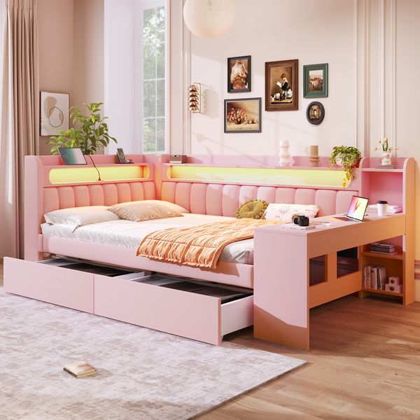 Merax Doppelbett, 140x200cm Daybett, mit USB-Anschlüssen und LED-Gürtel, mit Schreibtisch und 2 Schubladen, Rosa