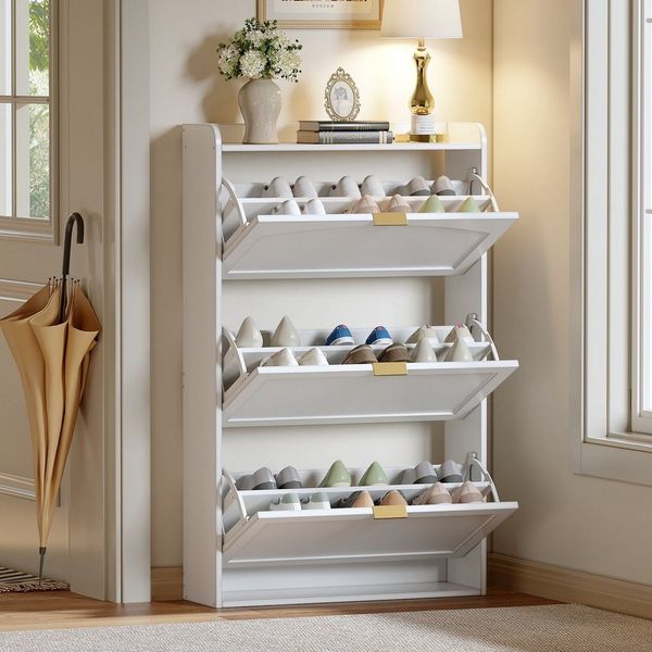 Flieks Schuhschrank (ca 12 Paar Schuhe, 1-St, B76xT23xH118 cm) Schuhregal mit 3 Klappen Schuhkipper Schuhkommode Weiß