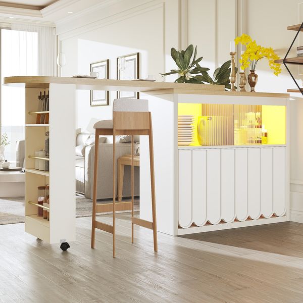 Mobiler Bartisch 135-205x39x100 cm mit LED, Rollen & Glasfront, 360° drehbar, weiß