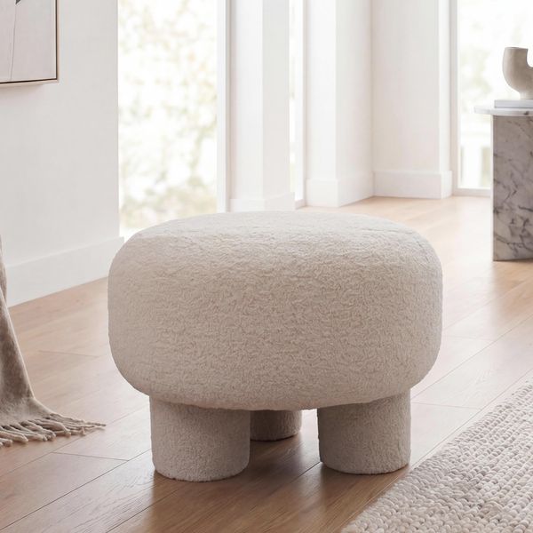 Hocker HWC-Q49, Sitzhocker Ottomane Polsterhocker Pouf, Stoff/Textil Bouclé (200g/m²) 55cm ~ creme