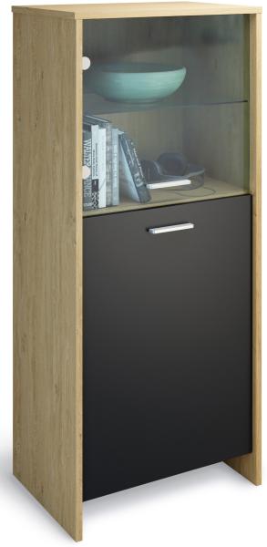 Domando Vitrine Matera skandinvisch moderne Glasvitrine, Vitrinenschrank für Wohnzimmer, Soft-Close Scharnier gebürstete Aluminiumgriffe 53 x 120 x 36 cm Eiche Classic und Schwarz matt linksöffnend