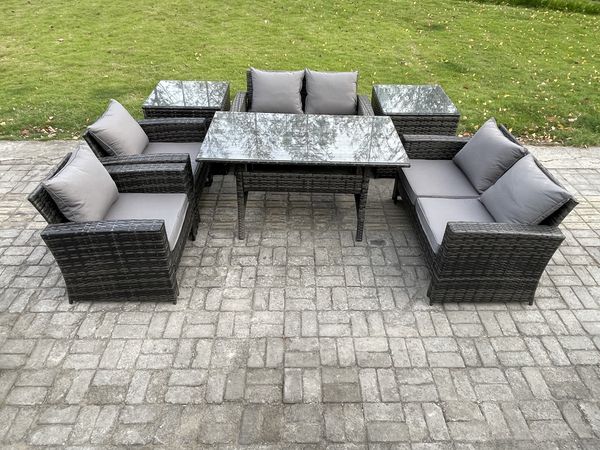Fimous Rattan Gartenmöbel-Set Terrassen mit Länglicher Esstisch Doppelsitzsofa 2 Beistelltischen Dunkelgrau gemischt