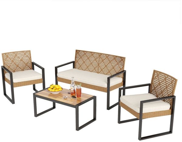 PHI VILLA Gartenlounge-Set, (4 Personen Outdoor Lounge Möbel Gartensofa, mit 1 x 2-Sitzer Sofa, 2 x Sessel und 1 x Tisch), Gartenmöbel Balkonmöbel Set
