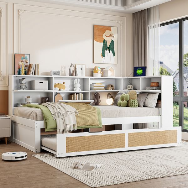Ausziehbett 90/180×200/190 cm mit Stauraum und Ladeanschlüssen, Massivholz, Weiß, ohne Matratze