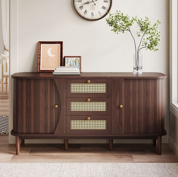 Sideboard 140,5x76x40 cm – Rattankommode mit Schiebetüren und verstellbaren Böden