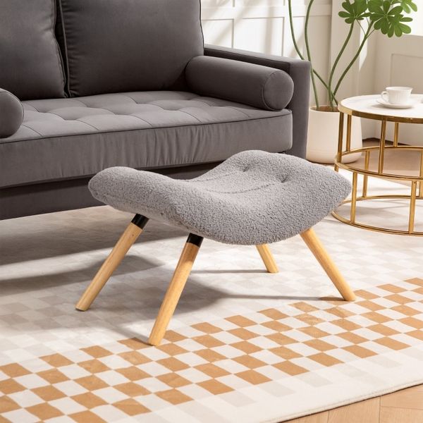 Polsterhocker Mit Berberfleece & Buchenholzbeinen - Sitzhocker Fußstütze Übergroß Ergonomisch Hellgrau