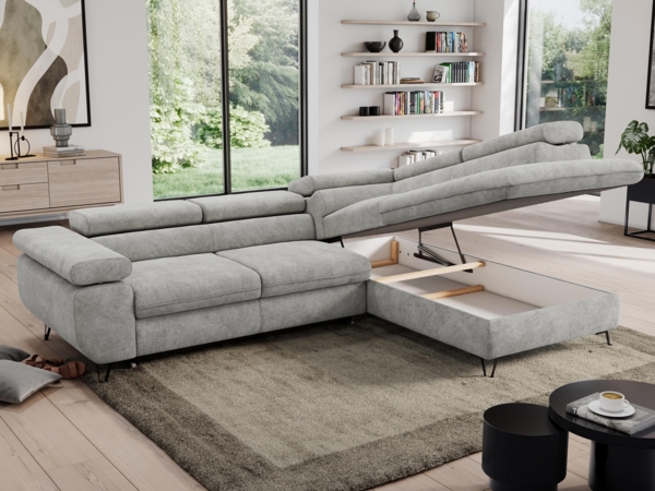 Mks Möbel 'Pedro L-Form' Ecksofa mit Schlaffunktion, verstellbaren Kopfstützen & Bettkasten, Hellgrau, Stoff, rechts Bild 4