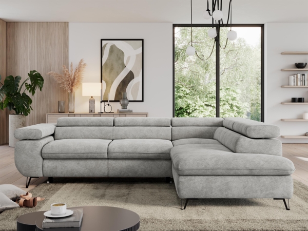 Mks Möbel 'Pedro L-Form' Ecksofa mit Schlaffunktion, verstellbaren Kopfstützen & Bettkasten, Hellgrau, Stoff, rechts Bild 3