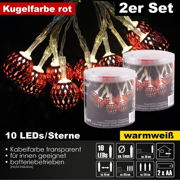 2x 10er LED Kugel Lichterkette Set Batteriekette Weihnachten Beleuchtung Deko Rot