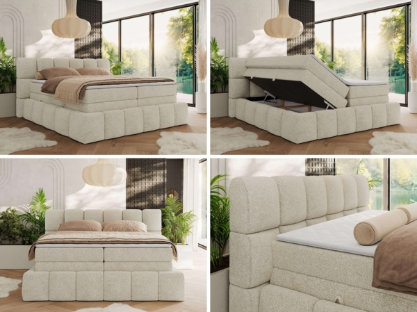 Boxspringbett NIRA KING, Doppelbett mit Fußteil, 7-Zonen Multipocket-Matratzen und Topper, Schlafzimmerbett - 160 x 200 cm - Creme Struktur - H3 Bild 2