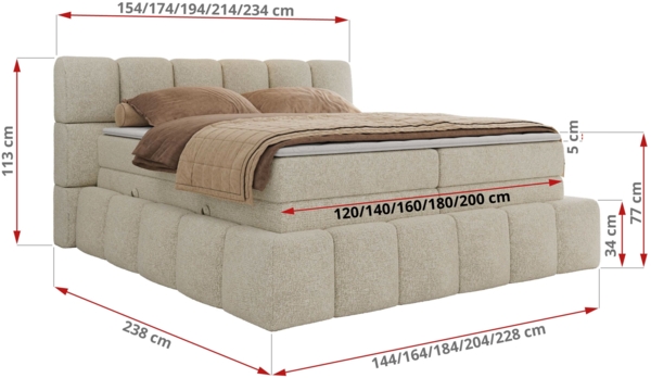 Boxspringbett NIRA KING, Doppelbett mit Fußteil, 7-Zonen Multipocket-Matratzen und Topper, Schlafzimmerbett - 160 x 200 cm - Creme Struktur - H3 Bild 6