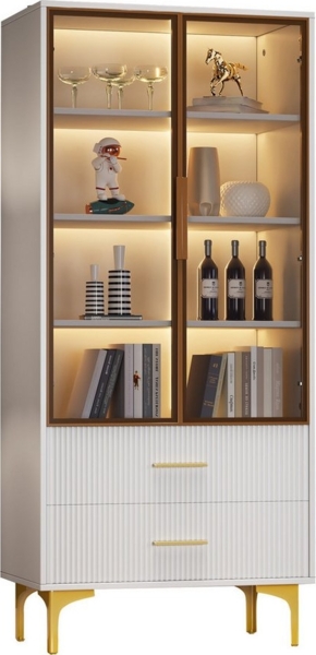 BlingBin Vitrine Standvitrinen, Wohnzimmer-Highboards, Sideboards (1er Set, 1-St, Tealfarbene Glastüren, goldene Beine, bewegliche Einlegeböden) weiße Glasvitrine mit zwei Türen - 70*35*150cm Vitrine mit LED-Licht