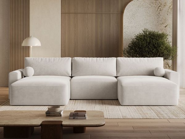 GRAINGOLD Wohnlandschaft U-Form Aurora U, Ecksofa mit Schlaffunktion, Bettkasten, mit losen Kissen, Velour-Stoff, Hellbeige