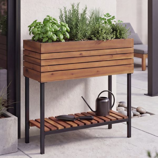 Hochbeet HWC-P84, Pflanzbeet Blumen-/Pflanzkasten Pflanzkübel, Ablage Outdoor Akazie Holz FSC® 79 x 80 x 31 cm ~ hellbraun