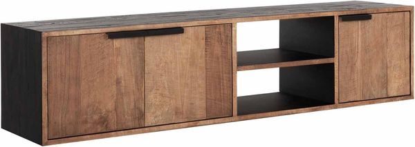 TV Board Cosmo aus Teakholz, modern hängend, natur, 165 cm, mit 3 Türen und 2 Fächern