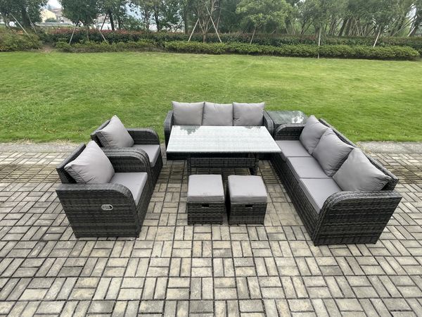Fimous Terrassenmöbel Set Polyrattan Langer Rechteckiger Esstisch und Sofa set mit Beistelltisch 2 Kleiner Hocker Dunkelgrau gemischt