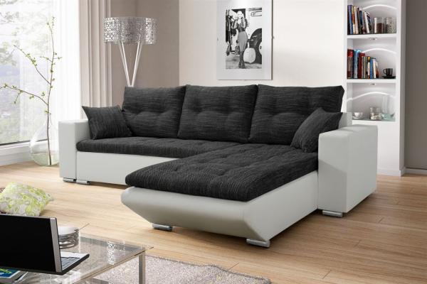 Ecksofa Sofa NINO mit Schlaffunktion Weiss-Schwarz Ottomane Rechts