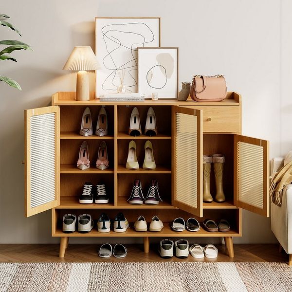 Flieks Schuhschrank 3 Rattan-Türen und Schubladen (Maße: B120/H106/T35 cm, 1-St, mit Metallgriffen und Massivholzbeinen) Schuhkommode Schuhregal mit verstellbaren Einlegeböden Holzschrank