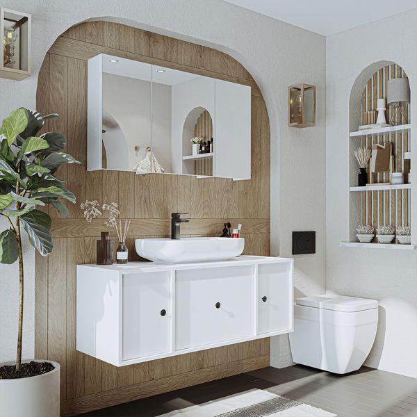 Roomart GUSTO-I-120 Badmöbel Set– 3-teiliges Badezimmermöbel Set - Unterschrank, Waschbecken & Spiegelschrank - H 45 x B 45 x T 120 cm • Weiß