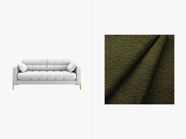 Micadoni Sofa Mamaia 2-Sitzer Boucle Baloo Dunkel-Olivgrün goldene Beine
