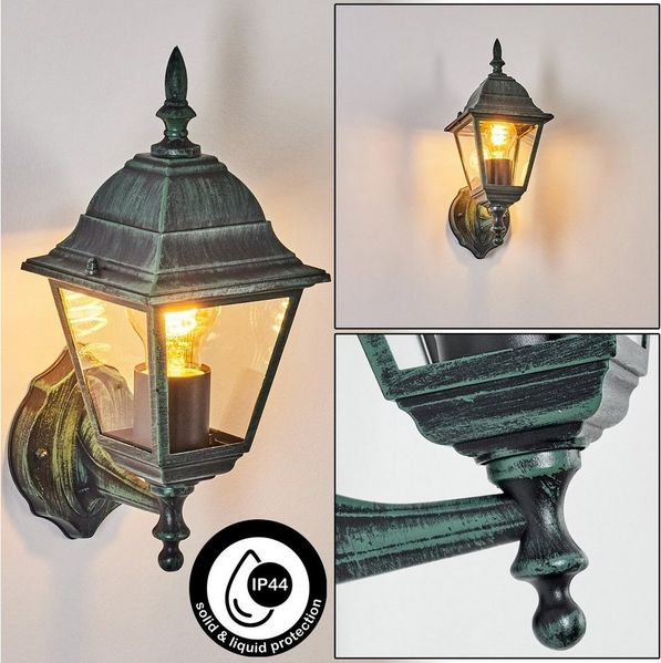 hofstein Außen-Wandleuchte Wandlampe in antikem Look aus Metall/Glas in Schwarz-Grün/Klar, ohne Leuchtmittel, im klassischen Landhaus-Stil, Außenleuchte für Terrasse, 1x E27, IP44