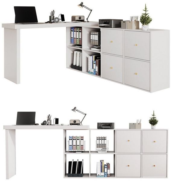 OKWISH Eckschreibtisch L-förmig oder gerade aufstellbar (Bartisch, Computertisch, 1-St, Tischplatte 360° schwenkbar, 4 Fächern, 4 Schubladen), Tischplatte und Beine 4 cm verstärkt