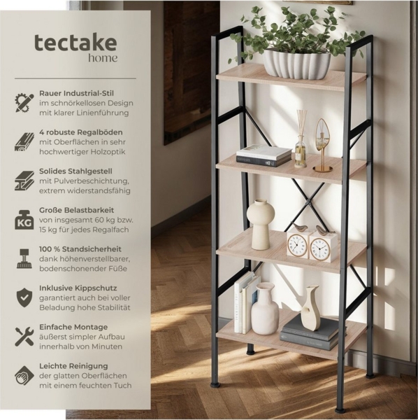tectake Leiterregal Stufenregal Newcastle 57,5 x 35,5 x 139cm, Einzelstück 49-tlg, Industrial Style