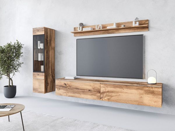 Home affaire Wohnwand VERA I, Vitrinen Türanschlag links/rechts wechselbar, (Komplett-Set, 3-St), Mediawand 230 cm, Vitrine mit Verglasung, stehend und hängend