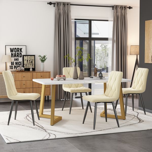 Essgruppe 5-teilig mit Marmoroptik Tisch 117×68 cm & 4 Beige Leinenstühlen,Esszimmer-Set für Küche und Wohnzimmer