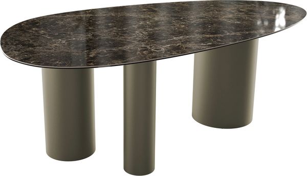 Esstisch Edge Oval 220x120 Keramik Emperador Extra Lucidato Dunkelbraun Troa Metall Effektfinish Titan