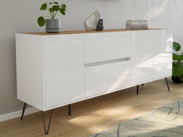 Sideboard Yako 180cm 2 SoftClose 3 Türen Weiß/Eiche Top : Weiss hochglanz / Oak Gold