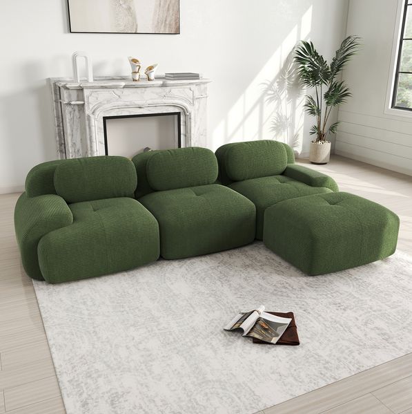 Modulares Ecksofa 75cm×298cm×178cm in Grün – rahmenlos, montagefrei, mit Cordstoff und 32D hochelastischem Schaum