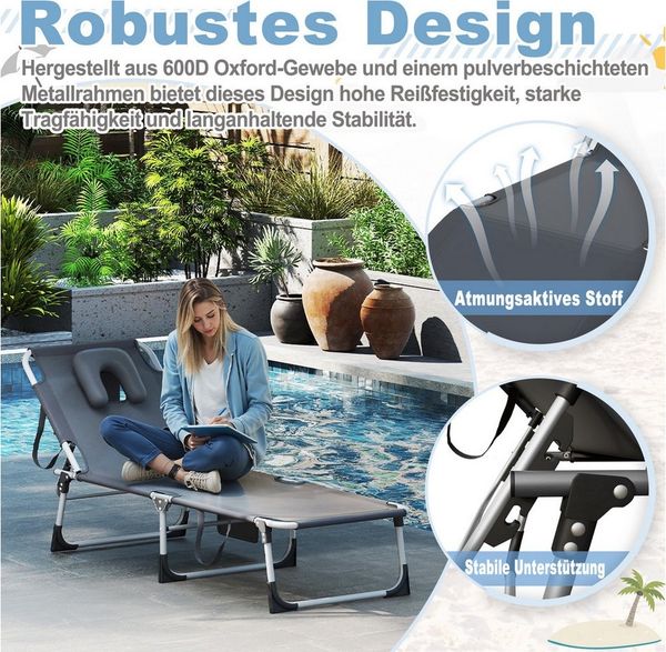 FIVMEN Gartenliege Sonnenliege Liegestuhl Garten 190x63x30cm Klappbar Liege Strandliege, Mit Kopfkissen Tragegriffe Seitentasche, fur Balkon Terrassen Strand