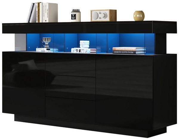 Merax Sideboard Hochglanz mit LED, Mehrzweckschrank aus Spanplatte & Acryl (1 St), Kommode mit 3 Schubladen und 2 Türen, Schrank Vitrine 140x35x80cm