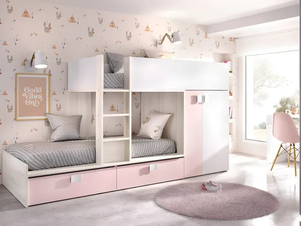 Vente-unique - JUANITO Bett Holz, Platte PuderrosaWeiß - B 108 cm x H 150 cm x L 275 cm