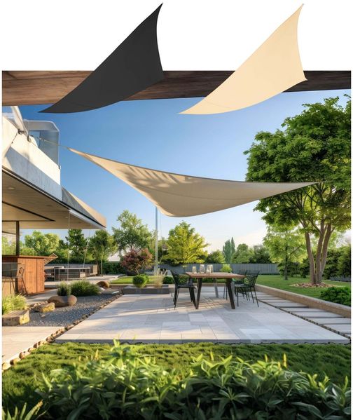 6x BURI Sonnensegel Dreieckig 510 x 524 x 509 cm Grau / Beige / Creme | UV-Schutz 50+ & Wasserabweisend | Robustes Polyester mit Spannseilen | Ideal für Garten, Balkon, Terrasse & Camping