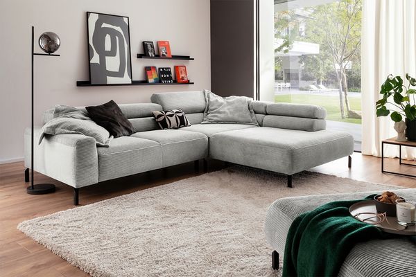 KAWOLA Sofa DELIA Ecksofa Cord hellgrau Recamiere rechts 74 x 219 x 276 cm
