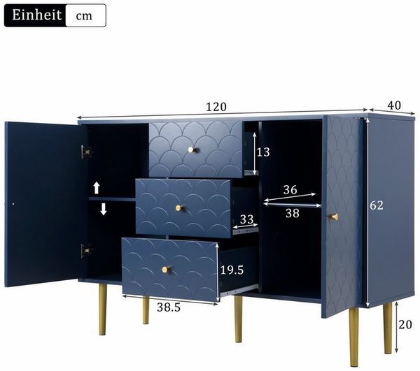 Ulife Kommode mit 2 Türen und 3 Schubladen, Verstellbare Ablage, H83/B120/T40 cm (1 St), Sideboard für Wohnzimmer Schlafzimmer, Marineblau