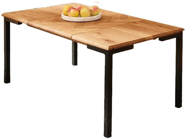 Couchtisch Seiba Wildeiche massiv 80x80x48 Schwarze Metallbeine Fischgrätmuster