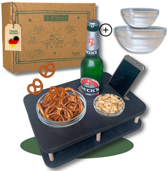 PEGSEN Tablett Couchbar Snackbar YOLO mit 2 Glasschalen Snacktablett, praktisch & stabil