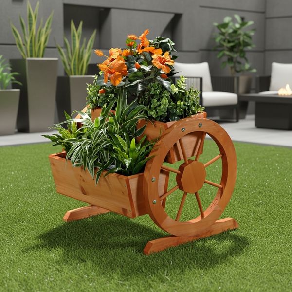 Pflanzkübel mit Wagenräder aus Holz Garten Dekoration Blumentrog Holzkasten