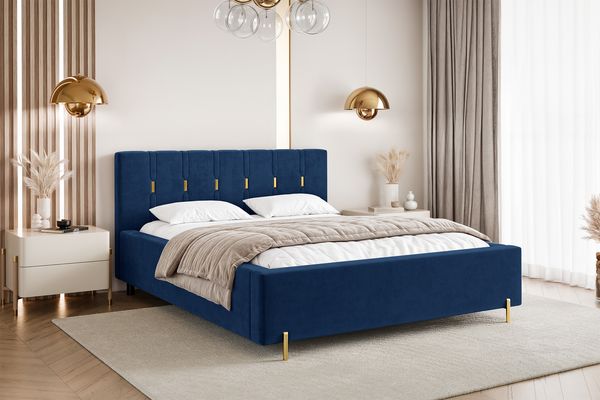 MEBLINI Polsterbett 140x200 ohne Lattenrost ohne Matratze – FABIO – Blau Samt – Doppelbett ohne Bettkasten - Stauraumbett - Kopfteil Bett ohne Stauraum