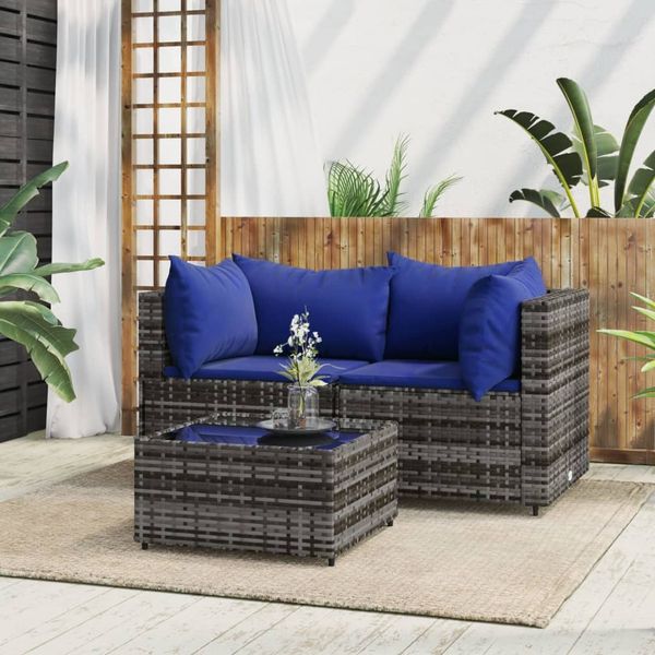 vidaXL 3-tlg. Garten-Lounge-Set mit Kissen Grau Poly Rattan 319843