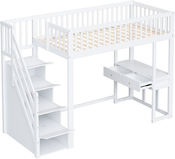 90x200 Hochbett mit Multifunktionstisch, sicherer Aufbewahrungstreppe, Bettgestell aus massivem Kiefernholz für Kinder und Jugendliche Weiß