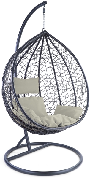 Luxus Hängesessel Miami XXL Polyrattan Korb und Gestell schwarz Kissen hellgrau